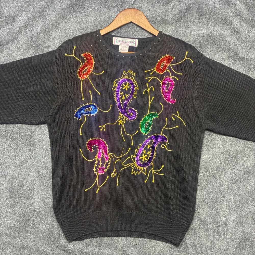 Vintage 80s 90s Amilano Collection‎ Beaded Sequin Paisley Knit Sweater Large